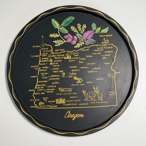 Vintage Oregon State Souvenir Tray Black Round Metal Platter 50s Nashco 10"